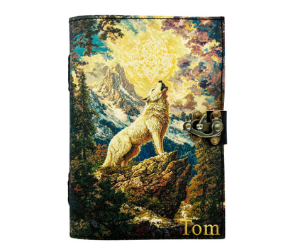 Jaald Gold Embossed Leather Journal with Howling Wolf Nature Lover Mountain Calling Adventure Trip Memories Log Book 18th Birthday