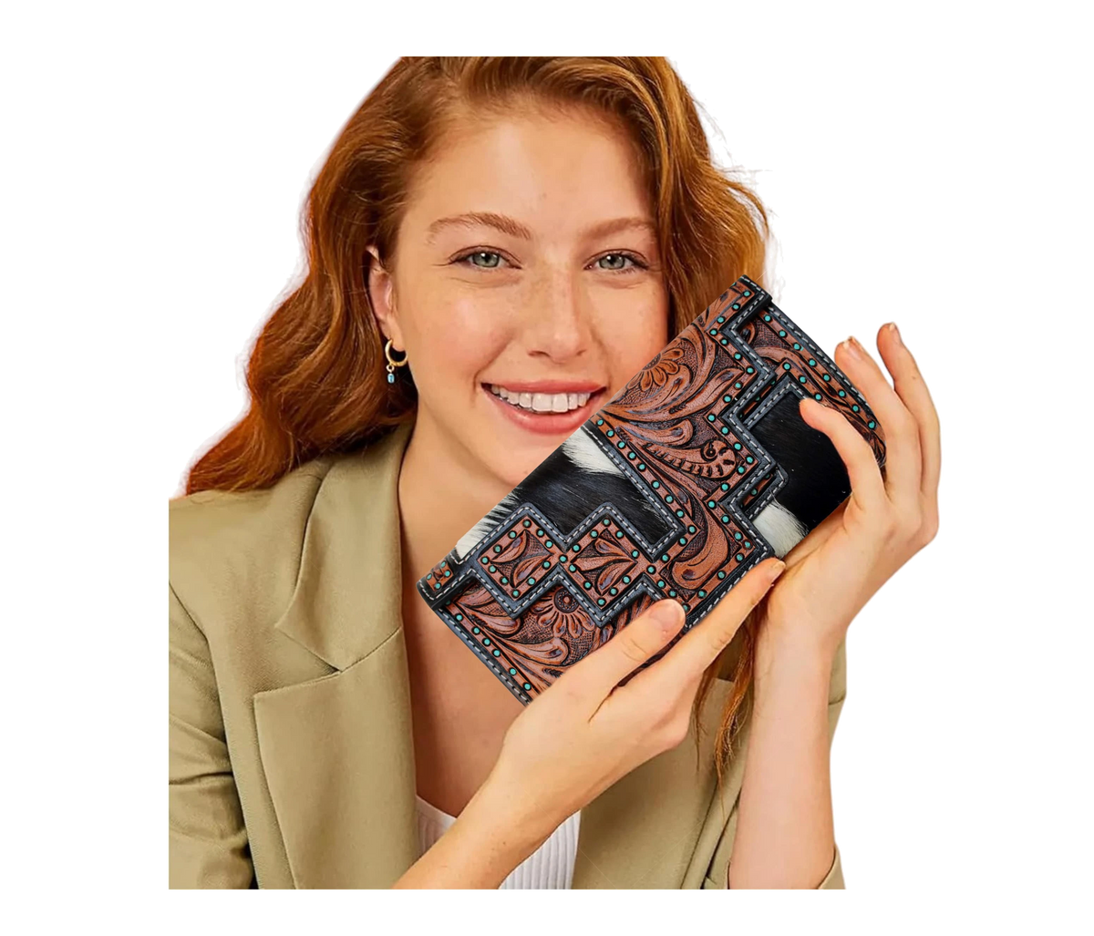 This Elegant, Handcrafted Leather Wallet—held Stylishly By Our Model—showcases A Perfect Blend Of Modern Style And Traditional Charm. Featuring Unique Cowhide Patterns Detailed Tooling, It Offers Secure Zip Compartments For Cards, Cash, Keys. Ideal Daily Use, Office Wear, Or Party Nights. Thoughtful Personalized Customized Accessory, Makes Birthday Gift Graduation Men Women Who Appreciate Functional Sophistication.