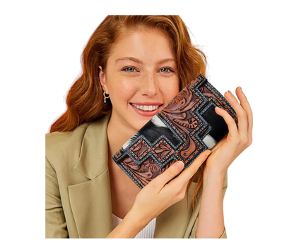 This Elegant, Handcrafted Leather Wallet—held Stylishly By Our Model—showcases A Perfect Blend Of Modern Style And Traditional Charm. Featuring Unique Cowhide Patterns Detailed Tooling, It Offers Secure Zip Compartments For Cards, Cash, Keys. Ideal Daily Use, Office Wear, Or Party Nights. Thoughtful Personalized Customized Accessory, Makes Birthday Gift Graduation Men Women Who Appreciate Functional Sophistication.